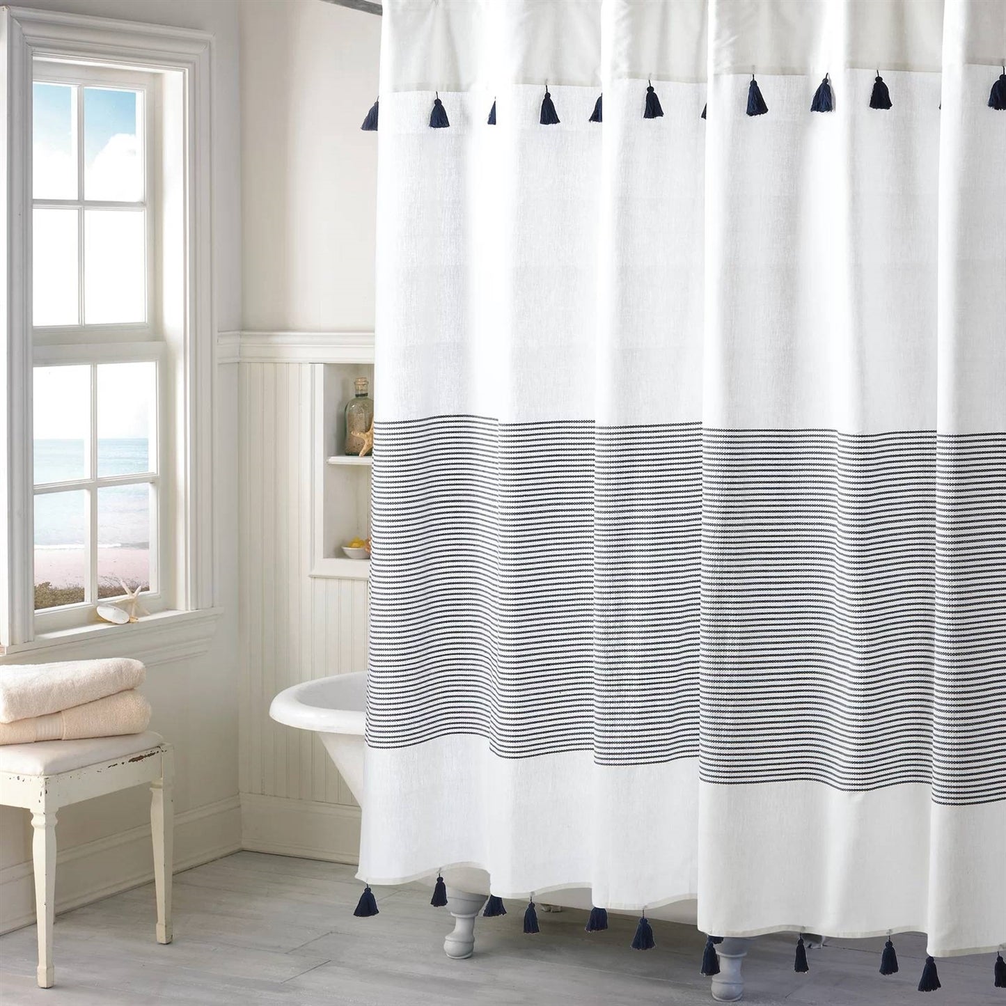 Tassel Wave Coastal Stripes Shower Curtain- Spa Collection