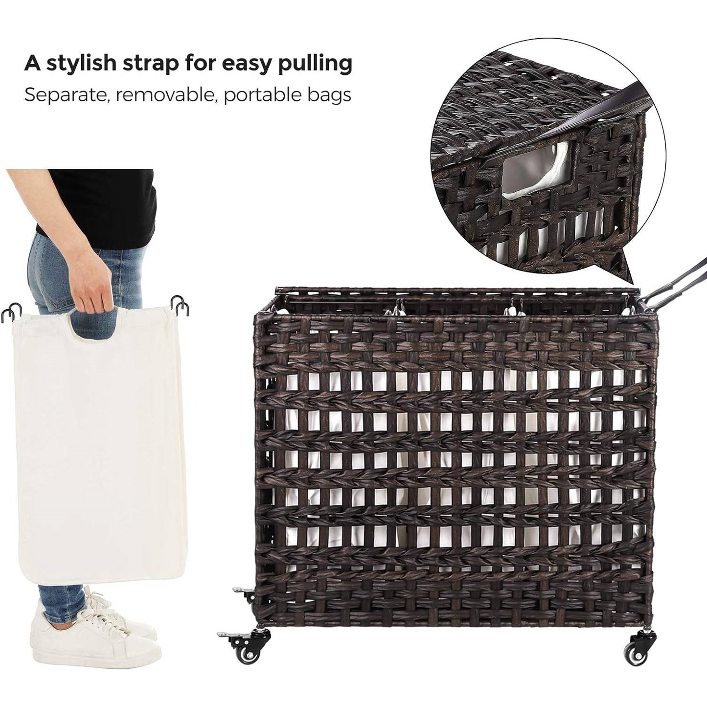 The Laundry Boss: 3-Bin Rattan Sorter Cart- Spa Collection