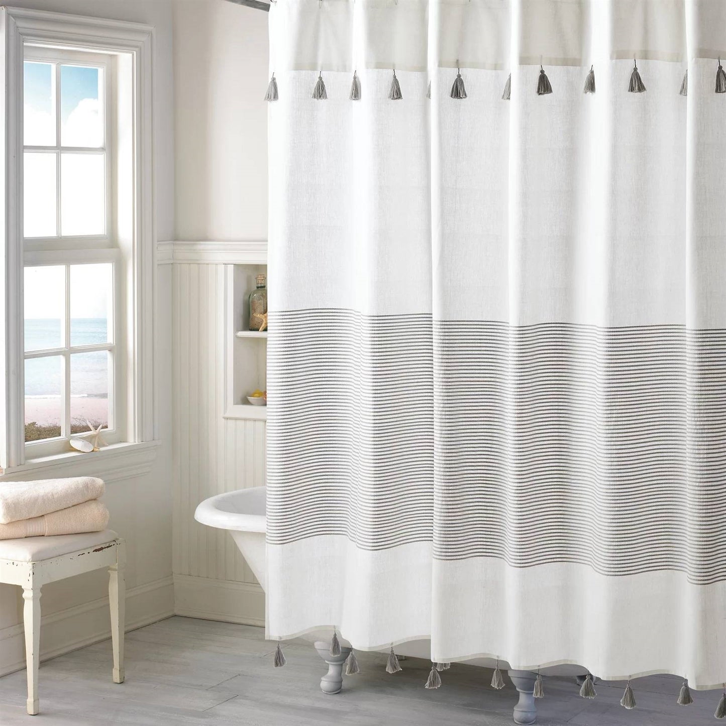 Tassel Wave Coastal Stripes Shower Curtain- Spa Collection