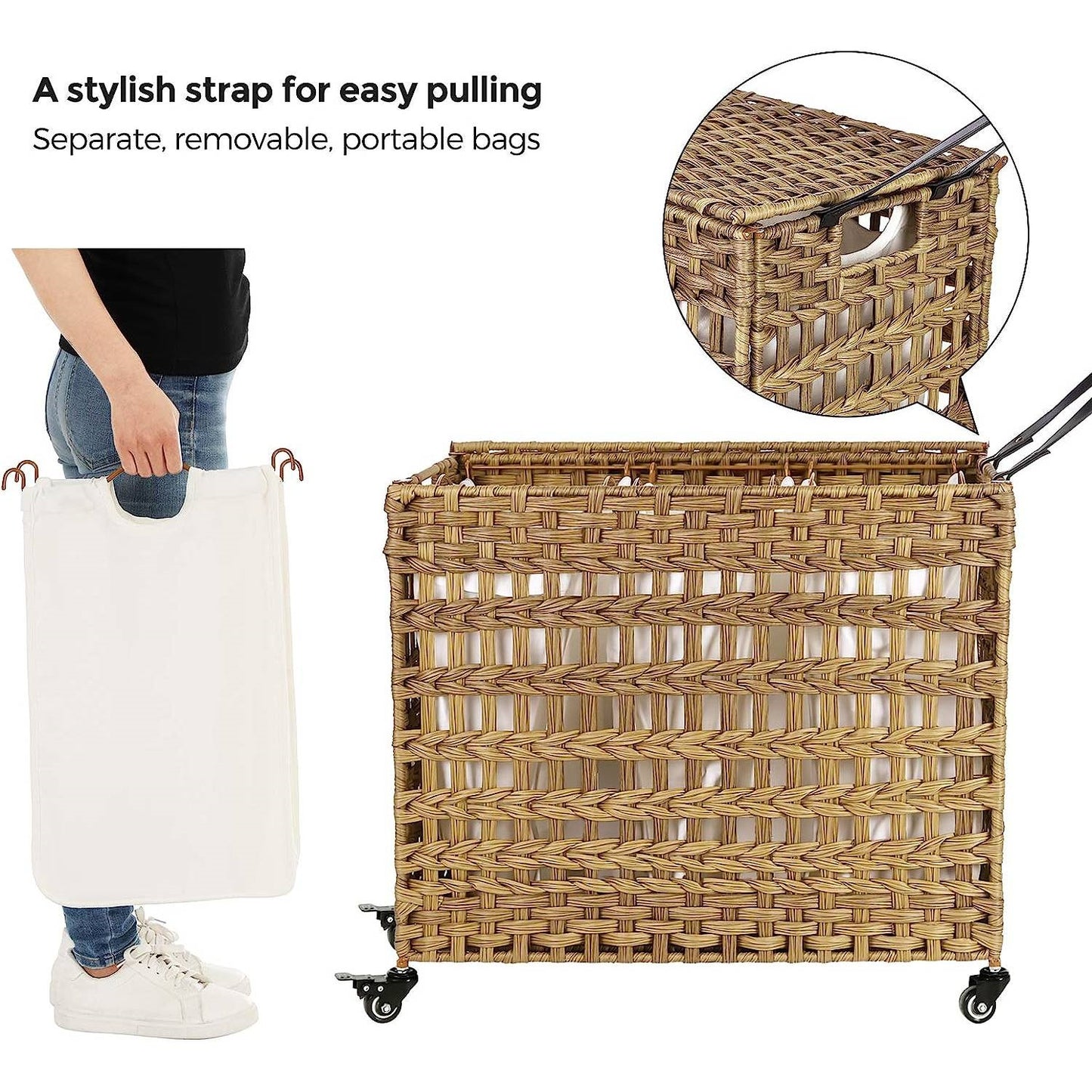 The Laundry Boss: 3-Bin Rattan Sorter Cart- Spa Collection