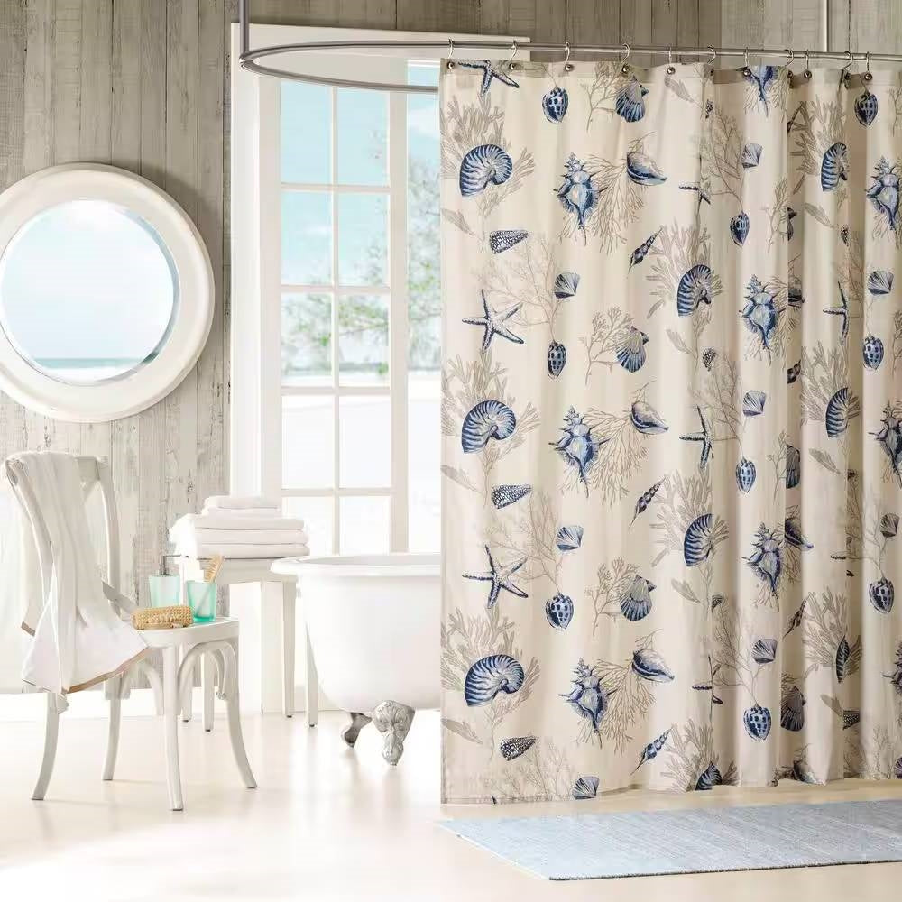 Coastal Bliss Navy Seashell Shower Curtain- Spa Collection