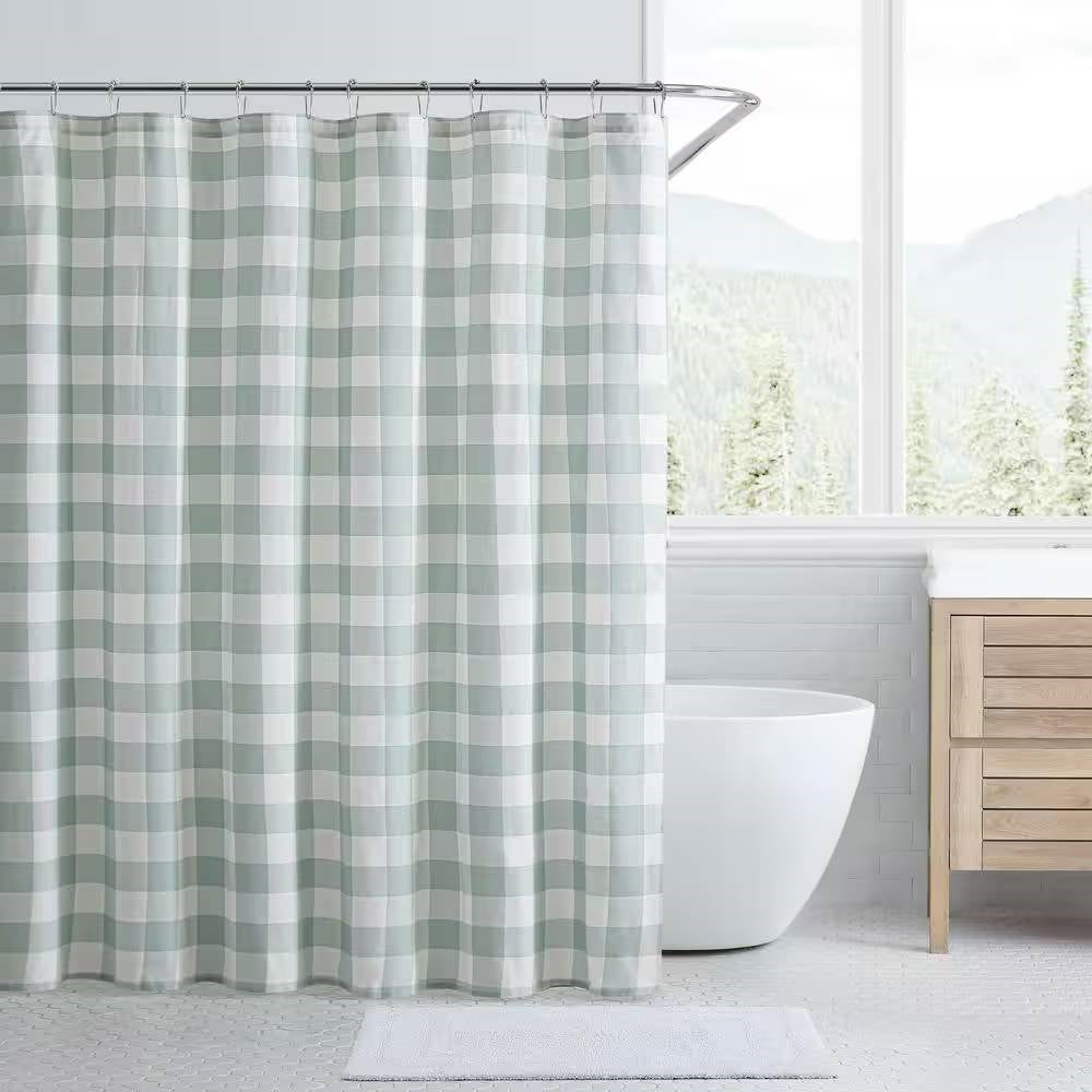 Green & White Plaid Perfection Cotton Shower Curtain- Spa Collection